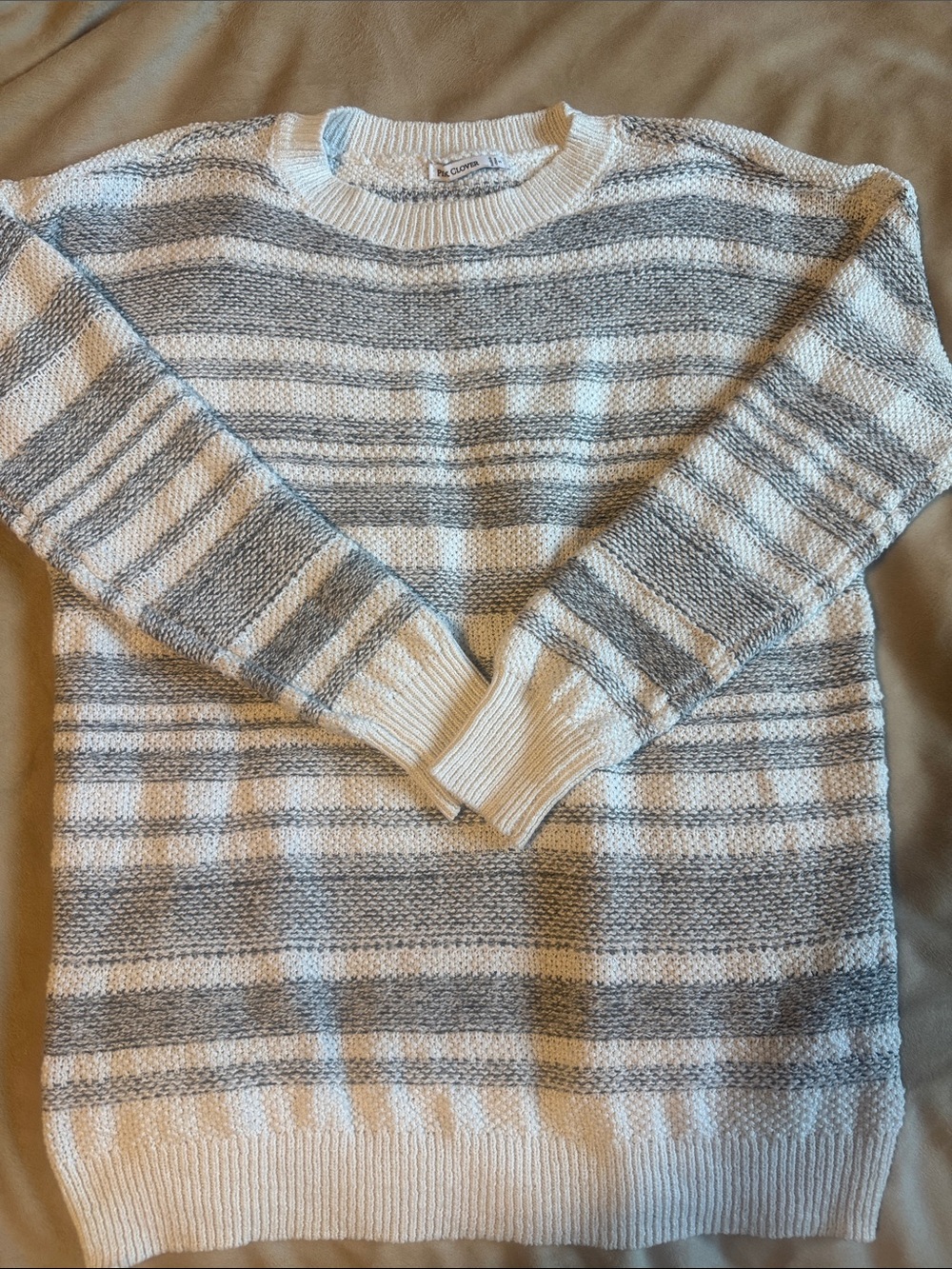Pink Clover Striped Crewneck Sweater in White and Light Gray